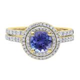 10K Yellow Gold 6.5 MM Round Tanzanite & White Diamond Ladies Halo Bridal Engagement Ring Set