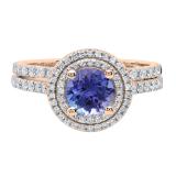 18K Rose Gold 6.5 MM Round Tanzanite & White Diamond Ladies Halo Bridal Engagement Ring Set