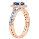 18K Rose Gold 6.5 MM Round Tanzanite & White Diamond Ladies Halo Bridal Engagement Ring Set