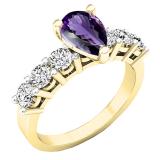18K Yellow Gold 8.5X5.5 MM Pear Amethyst & Round White Diamond Ladies Engagement Ring