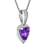 Sterling Silver 7 MM Heart Shape Amethyst & Round White Diamond Ladies Halo Pendant (Silver Chain)