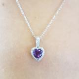 Sterling Silver 7 MM Heart Shape Amethyst & Round White Diamond Ladies Halo Pendant (Silver Chain)