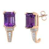 10K Rose Gold 8X6 MM Each Emerald Shape Amethyst & Round Diamond Ladies J Shape Stud Earrings