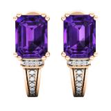 10K Rose Gold 8X6 MM Each Emerald Shape Amethyst & Round Diamond Ladies J Shape Stud Earrings