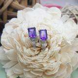10K White Gold 8X6 MM Each Emerald Shape Amethyst & Round Diamond Ladies J Shape Stud Earrings