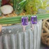 10K White Gold 8X6 MM Each Emerald Shape Amethyst & Round Diamond Ladies J Shape Stud Earrings