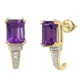 14K Yellow Gold 8X6 MM Each Emerald Shape Amethyst & Round Diamond Ladies J Shape Stud Earrings