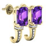 14K Yellow Gold 8X6 MM Each Emerald Shape Amethyst & Round Diamond Ladies J Shape Stud Earrings