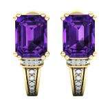 14K Yellow Gold 8X6 MM Each Emerald Shape Amethyst & Round Diamond Ladies J Shape Stud Earrings