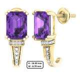 14K Yellow Gold 8X6 MM Each Emerald Shape Amethyst & Round Diamond Ladies J Shape Stud Earrings