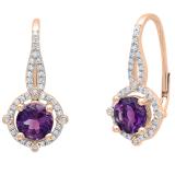 10K Rose Gold 6 MM Each Round Amethyst & White Diamond Ladies Halo Style Dangling Earrings