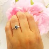 14K White Gold 6X4 MM Oval Blue Sapphire & Round Diamond Ladies Halo Engagement Ring