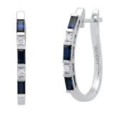 10K White Gold Baguette Blue Sapphire & Round White Diamond Ladies Fashion Hoop Earrings
