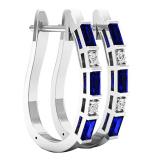 10K White Gold Baguette Blue Sapphire & Round White Diamond Ladies Fashion Hoop Earrings