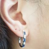 10K White Gold Baguette Blue Sapphire & Round White Diamond Ladies Fashion Hoop Earrings