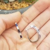 10K White Gold Baguette Blue Sapphire & Round White Diamond Ladies Fashion Hoop Earrings
