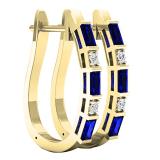 10K Yellow Gold Baguette Blue Sapphire & Round White Diamond Ladies Fashion Hoop Earrings