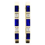 10K Yellow Gold Baguette Blue Sapphire & Round White Diamond Ladies Fashion Hoop Earrings