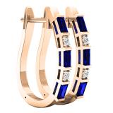 14K Rose Gold Baguette Blue Sapphire & Round White Diamond Ladies Fashion Hoop Earrings
