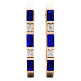 14K Rose Gold Baguette Blue Sapphire & Round White Diamond Ladies Fashion Hoop Earrings