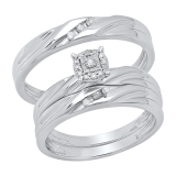 0.13 Carat (ctw) Sterling Silver Round White Diamond Men & Women's Engagement Ring Trio Bridal Set