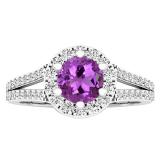 14K White Gold 5.6 MM Round Amethyst & White Diamond Bridal Engagement Ring