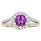 18K Yellow Gold 5.6 MM Round Amethyst & White Diamond Bridal Engagement Ring