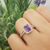 14K Rose Gold 7X5 MM Emerald Shape Amethyst & Round White Diamond Ladies Halo Engagement Ring