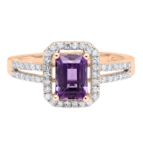14K Rose Gold 7X5 MM Emerald Shape Amethyst & Round White Diamond Ladies Halo Engagement Ring