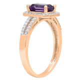 14K Rose Gold 7X5 MM Emerald Shape Amethyst & Round White Diamond Ladies Halo Engagement Ring