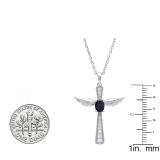 Sterling Silver 6X4 MM Oval Blue Sapphire & Round Diamond Angel Cross Pendant