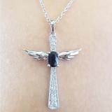 Sterling Silver 6X4 MM Oval Blue Sapphire & Round Diamond Angel Cross Pendant
