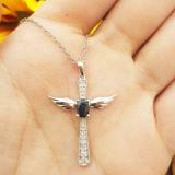 Sterling Silver 6X4 MM Oval Blue Sapphire & Round Diamond Angel Cross Pendant