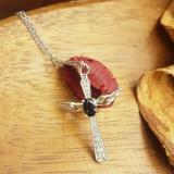 Sterling Silver 6X4 MM Oval Blue Sapphire & Round Diamond Angel Cross Pendant