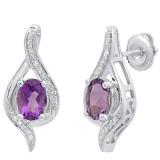 10K White Gold 7X5 MM Each Oval Amethyst & Round Diamond Ladies Drop Earrings