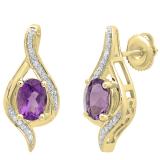 10K Yellow Gold 7X5 MM Each Oval Amethyst & Round Diamond Ladies Drop Earrings
