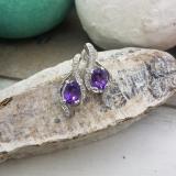 14K White Gold 7X5 MM Each Oval Amethyst & Round Diamond Ladies Drop Earrings