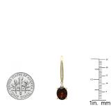 10K Yellow Gold 9X7 MM Each Oval Garnet & Round Diamond Ladies Dangling Drop Earrings
