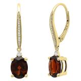 14K Yellow Gold 9X7 MM Each Oval Garnet & Round Diamond Ladies Dangling Drop Earrings
