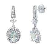 10K White Gold 7X5 MM Each Oval Aquamarine & Round Diamond Ladies Drop Earrings