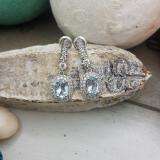 10K White Gold 7X5 MM Each Oval Aquamarine & Round Diamond Ladies Drop Earrings