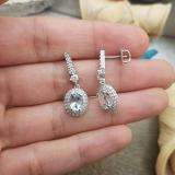 10K White Gold 7X5 MM Each Oval Aquamarine & Round Diamond Ladies Drop Earrings