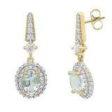 14K Yellow Gold 7X5 MM Each Oval Aquamarine & Round Diamond Ladies Drop Earrings