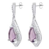 Sterling Silver 10X7 MM Pear Amethyst & Round Diamond Ladies Dangling Drop Earrings