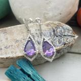 Sterling Silver 10X7 MM Pear Amethyst & Round Diamond Ladies Dangling Drop Earrings