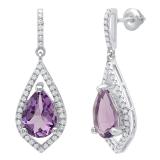 Sterling Silver 10X7 MM Pear Amethyst & Round Diamond Ladies Dangling Drop Earrings