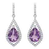 Sterling Silver 10X7 MM Pear Amethyst & Round Diamond Ladies Dangling Drop Earrings
