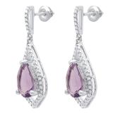 Sterling Silver 10X7 MM Pear Amethyst & Round Diamond Ladies Dangling Drop Earrings