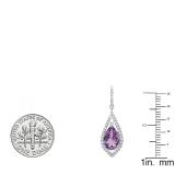 Sterling Silver 10X7 MM Pear Amethyst & Round Diamond Ladies Dangling Drop Earrings