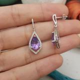 Sterling Silver 10X7 MM Pear Amethyst & Round Diamond Ladies Dangling Drop Earrings